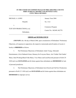 In the Court of Common Pleas of Philadelphia County First Judicial District of Pennsylvania Civil Trial Division ______: Michael A