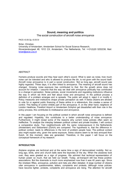 Sound, Meaning and Politics the Social Construction of Aircraft Noise Annoyance