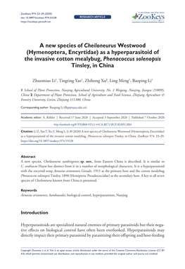 A New Species of Cheiloneurus Westwood (Hymenoptera, Encyrtidae) As a Hyperparasitoid of the Invasive Cotton Mealybug, Phenacoccus Solenopsis Tinsley, in China