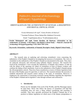 Orientalists on the Authenticity of Sunnah: a Descriptive and Digital Critical Study