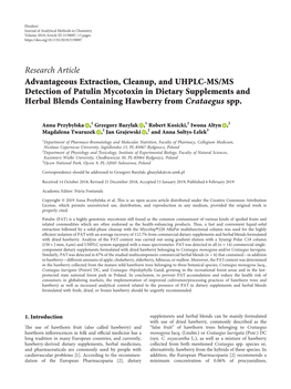 Advantageous Extraction, Cleanup, and UHPLC-MS/MS Detection of Patulin Mycotoxin in Dietary Supplements and Herbal Blends Containing Hawberry from Crataegus Spp