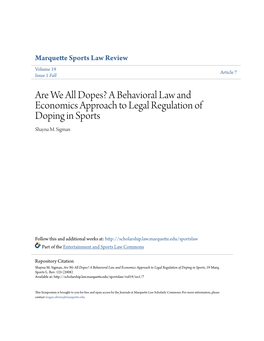 A Behavioral Law and Economics Approach to Legal Regulation of Doping in Sports Shayna M
