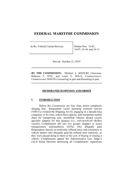 In Re Vehicle Carrier Services Dkt Nos. 16-01, 16-07, 16-10, and 16-11 Memorandum Opinion and Order October 21, 2019