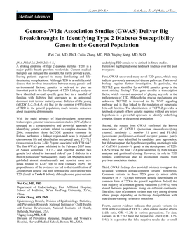 Genome-Wide Association Studies (GWAS) Deliver Big Breakthroughs in Identifying Type 2 Diabetes Susceptibility Genes in the General Population