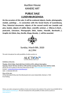 Auction House KANERZ ART PUBLIC SALE LUXEMBURGENSIA on the Occasion of This Sale, It Will Be Scattered Objects, Books, Photographs, Medals, Paintings