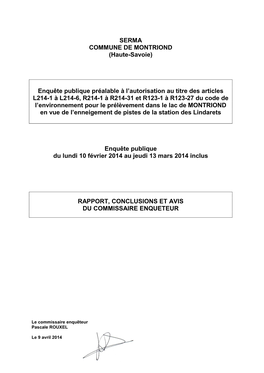 SERMA COMMUNE DE MONTRIOND (Haute-Savoie) Enquête Publique Préalable À L'autorisation Au Titre Des Articles L214-1 À L214