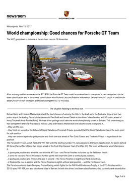 World Championship: Good Chances for Porsche GT Team the WEC Goes Down to the Wire at the Six-Hour Race on 18 November