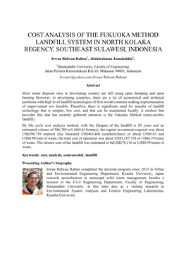 Cost Analysis of the Fukuoka Method Landfill System in North Kolaka Regency, Southeast Sulawesi, Indonesia