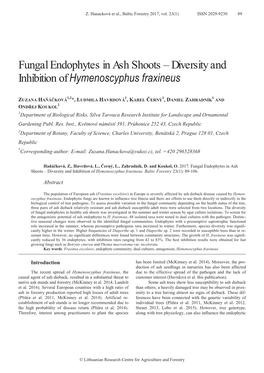 Fungal Endophytes in Ash Shoots – Diversity and Inhibition of Hymenoscyphus Fraxineus