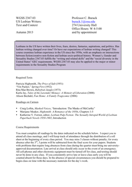 WGSS 2367.03 Professor C. Burack US Lesbian Writers: Burack.1@Osu.Edu Text and Context 274 University Hall Office Hours: W 4-5:00 Autumn 2013 and by Appointment