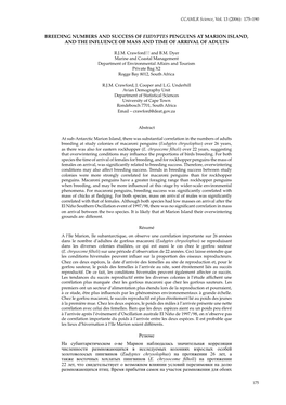Breeding Numbers and Success of Eudyptes Penguins at Marion Island, and the Influence of Mass and Time of Arrival of Adults