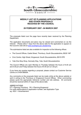Weekly List of Planning Applications and Other Proposals Received by the Council