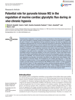 Potential Role for Pyruvate Kinase M2 in the Regulation of Murine Cardiac Glycolytic ﬂux During in Vivo Chronic Hypoxia