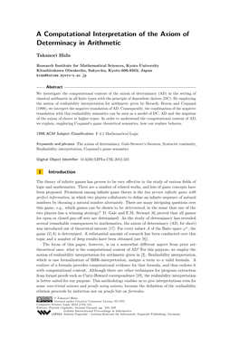 A Computational Interpretation of the Axiom of Determinacy in Arithmetic