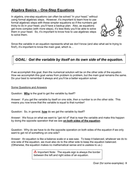 Algebra Basics – One-Step Equations GOAL: Get the Variable by Itself On