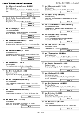 List of Scholars - Partly Assisted B R E a D SOCIETY, Hyderabad 1 Mr