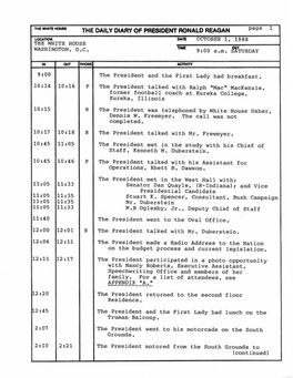 THE DAILY DIARY of PBESIDENT RONALD REAGAN Page 1 LOCATIOH DATI OCTOBER 1, 1988 the WHITE HOUSE WASHINGTON, D.C