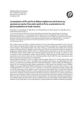Accumulation of Pb and Zn in Bidens Triplinervia and Senecio Sp, Spontaneous Species from Mine Spoils in Peru, As Potential Use for Phytoremediation in South America