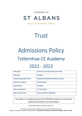 Totternhoe Admission Policy 2022 to 2023