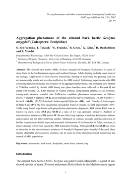 Aggregation Pheromone of the Almond Bark Beetle Scolytus Amygdali (Coleoptera: Scolytidae) S