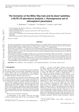 The Formation of the Milky Way Halo and Its Dwarf Satellites, a NLTE-1D Abundance Analysis. I. Homogeneous Set of Atmospheric Parameters