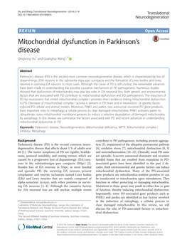 Mitochondrial Dysfunction in Parkinson's Disease