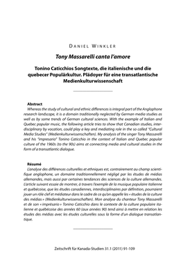 Tony Massarelli Canta L'amore Tonino Caticchios Songtexte, Die Italienische Und Die Quebecer Populärkultur. Plädoyer