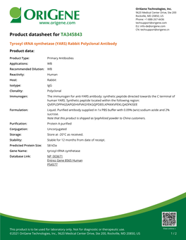 Tyrosyl Trna Synthetase (YARS) Rabbit Polyclonal Antibody Product Data
