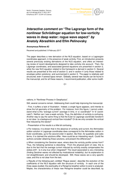 The Lagrange Form of the Nonlinear Schrödinger Equation for Low-Vorticity Waves in Deep Water: Rogue Wave Aspect” by Anatoly Abrashkin and Eﬁm Pelinovsky