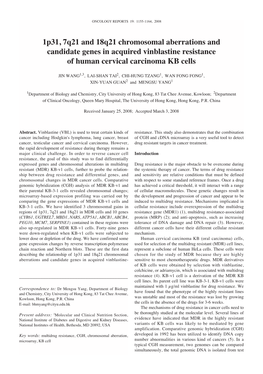 1P31, 7Q21 and 18Q21 Chromosomal Aberrations and Candidate Genes in Acquired Vinblastine Resistance of Human Cervical Carcinoma KB Cells