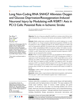 Long Non-Coding RNA SNHG7 Alleviates Oxygen and Glucose