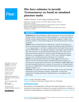 Bite Force Estimates in Juvenile Tyrannosaurus Rex Based on Simulated Puncture Marks