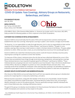 COVID-19 Update: Face Coverings, Advisory Groups on Restaurants, Barbershops, and Salons