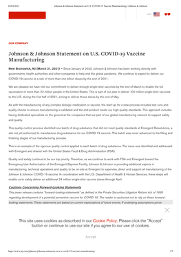 Johnson & Johnson Statement on U.S. COVID-19 Vaccine Manufacturing