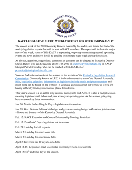 Kacp Legislative Alert; Weekly Report for Week Ending Jan
