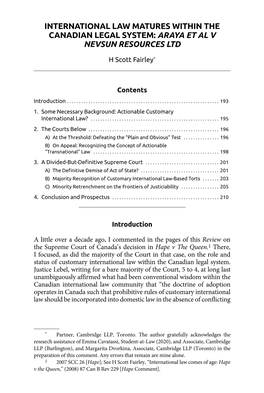 International Law Matures Within the Canadian Legal System: Araya Et Al V Nevsun Resources Ltd