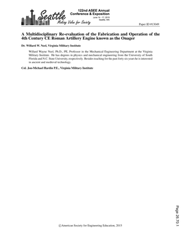 A Multidisciplinary Re-Evaluation of the Fabrication and Operation of the 4Th Century CE Roman Artillery Engine Known As the Onager