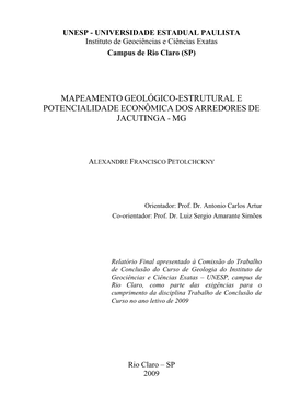 Mapeamento Geológico-Estrutural E Potencialidade Econômica Dos Arredores De Jacutinga - Mg