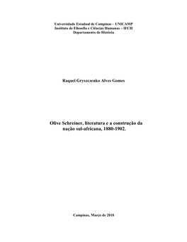 Olive Schreiner, Literatura E a Construção Da Nação Sul-Africana, 1880-1902