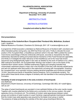 PALAEONTOLOGICAL ASSOCIATION 47Th Annual Meeting Department