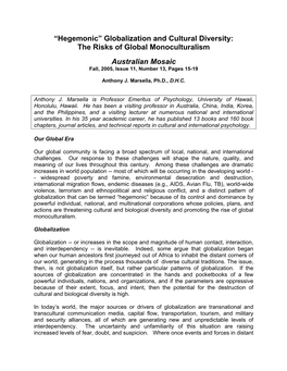 “Hegemonic” Globalization and Cultural Diversity: the Risks of Global Monoculturalism