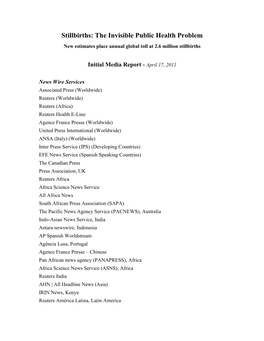 Stillbirths: the Invisible Public Health Problem New Estimates Place Annual Global Toll at 2.6 Million Stillbirths