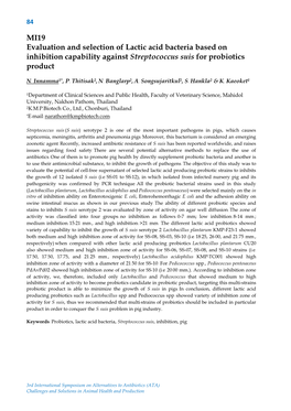 MI19 Evaluation and Selection of Lactic Acid Bacteria Based on Inhibition Capability Against Streptococcus Suis for Probiotics Product