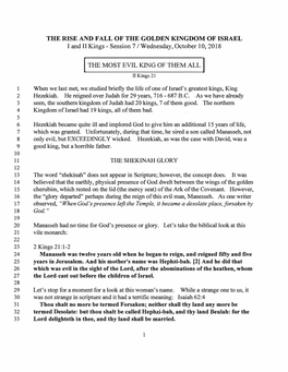 THE RISE and FALL of the GOLDEN KINGDOM of ISRAEL I and II Kings - Session 7 I Wednesday, October 10, 2018 I TIIEMOST EVIL KINGOF TIIEMALL I Iiking S 21