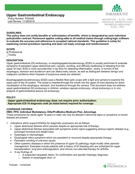 Upper Gastrointestinal Endoscopy Policy Number: PG0449 ADVANTAGE | ELITE | HMO Last Review: 11/28/2018