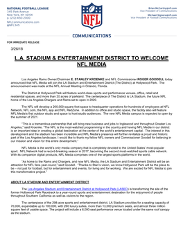 L.A. Stadium & Entertainment District to Welcome Nfl Media