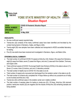 YOBE STATE MINISTRY of HEALTH Situation Report