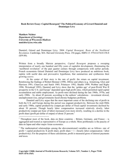 Book Review Essay: Capital Resurgent? the Political Economy of Gérard Duménil and Dominique Lévy Matthew Nichter Department O