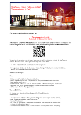 Sparkasse Hilden Ratingen Velbert Werkstudenten (M/W/D)