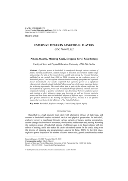 EXPLOSIVE POWER in BASKETBALL PLAYERS UDC 796.015.332 Nikola Aksović, Miodrag Kocić, Dragana Berić, Saša Bubanj